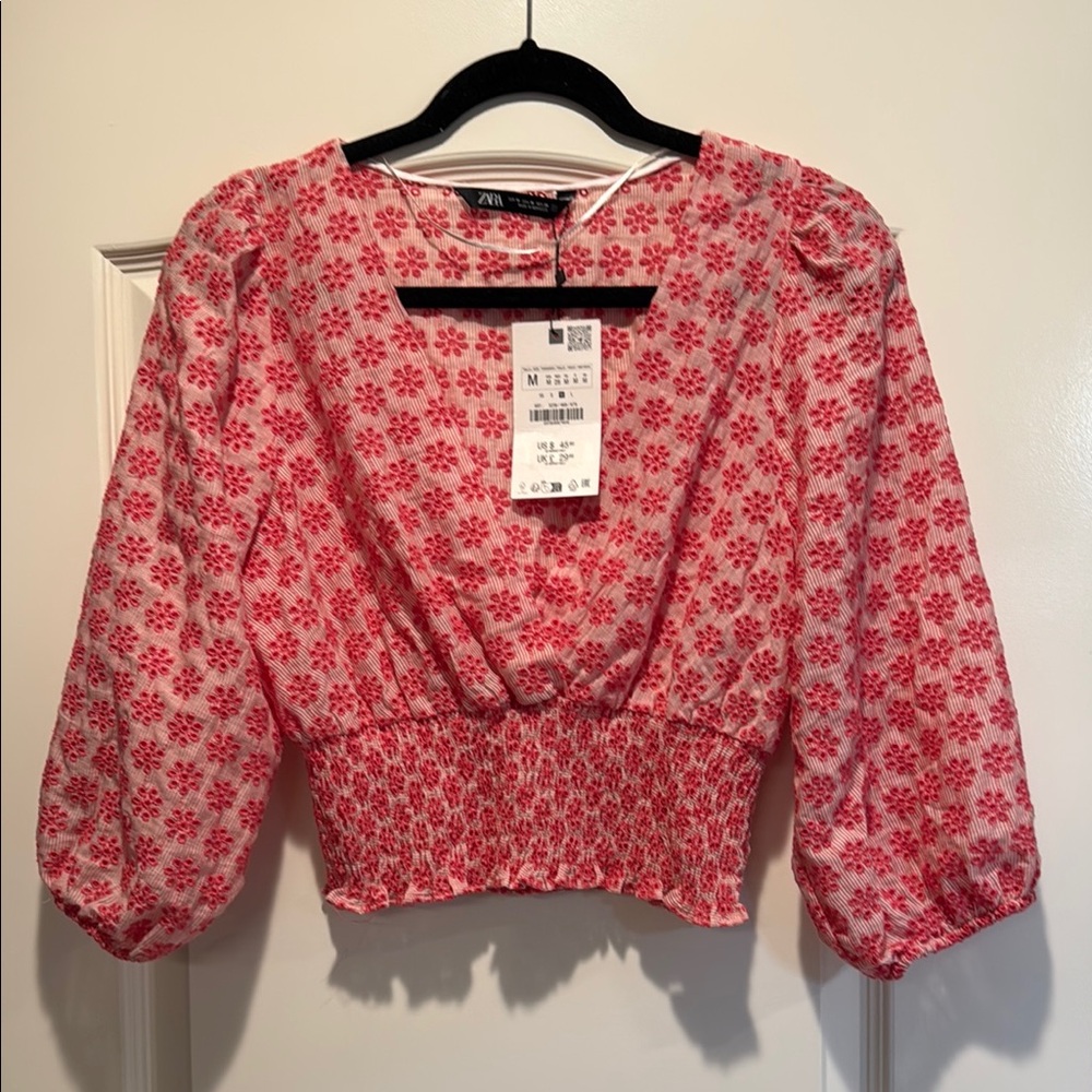 Zara Pink Smocked Puff Sleeve Crop Blouse